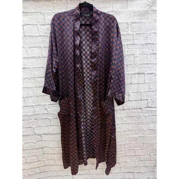 Christian Dior Other - Christian Dior Monsieur Mens Satin Robe Navy Blue Print One Size Vintage
